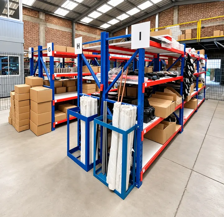 Bodega con estanterías metálicas azules cargadas de cajas y materiales